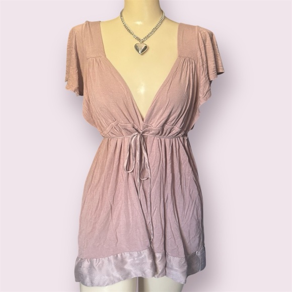 one clothing Tops - Y2K Pink Babydoll Top with Tie Waist Fairy Boho Festival Vibes